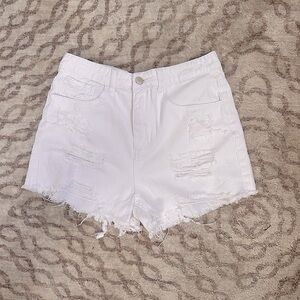 White High-Waist Distressed Denim Shorts
